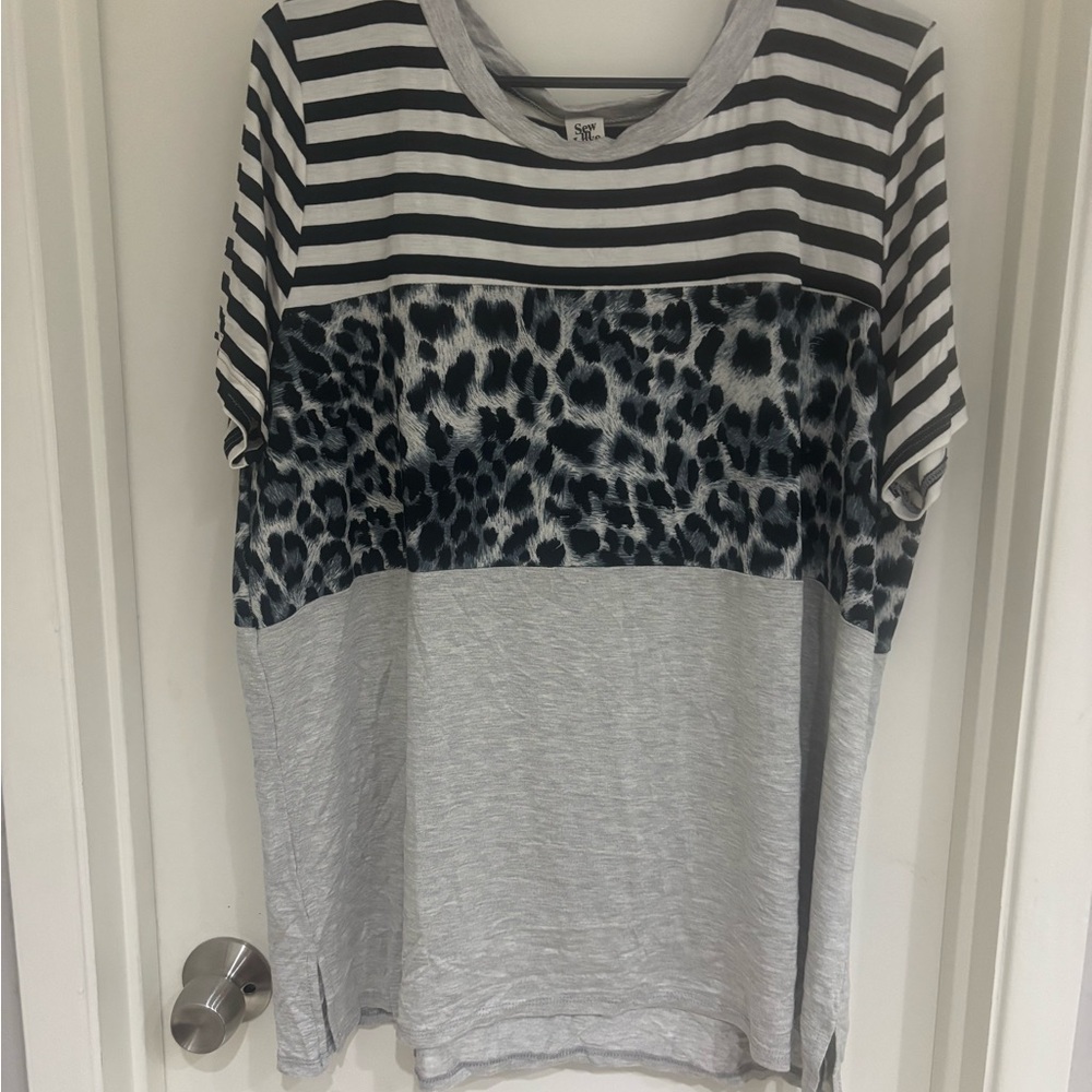Sew In Love Black and Gray Striped Leopard Top